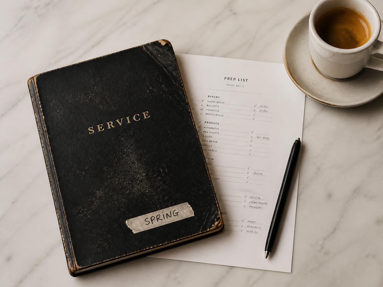 A notebook and pen on a restaurant table