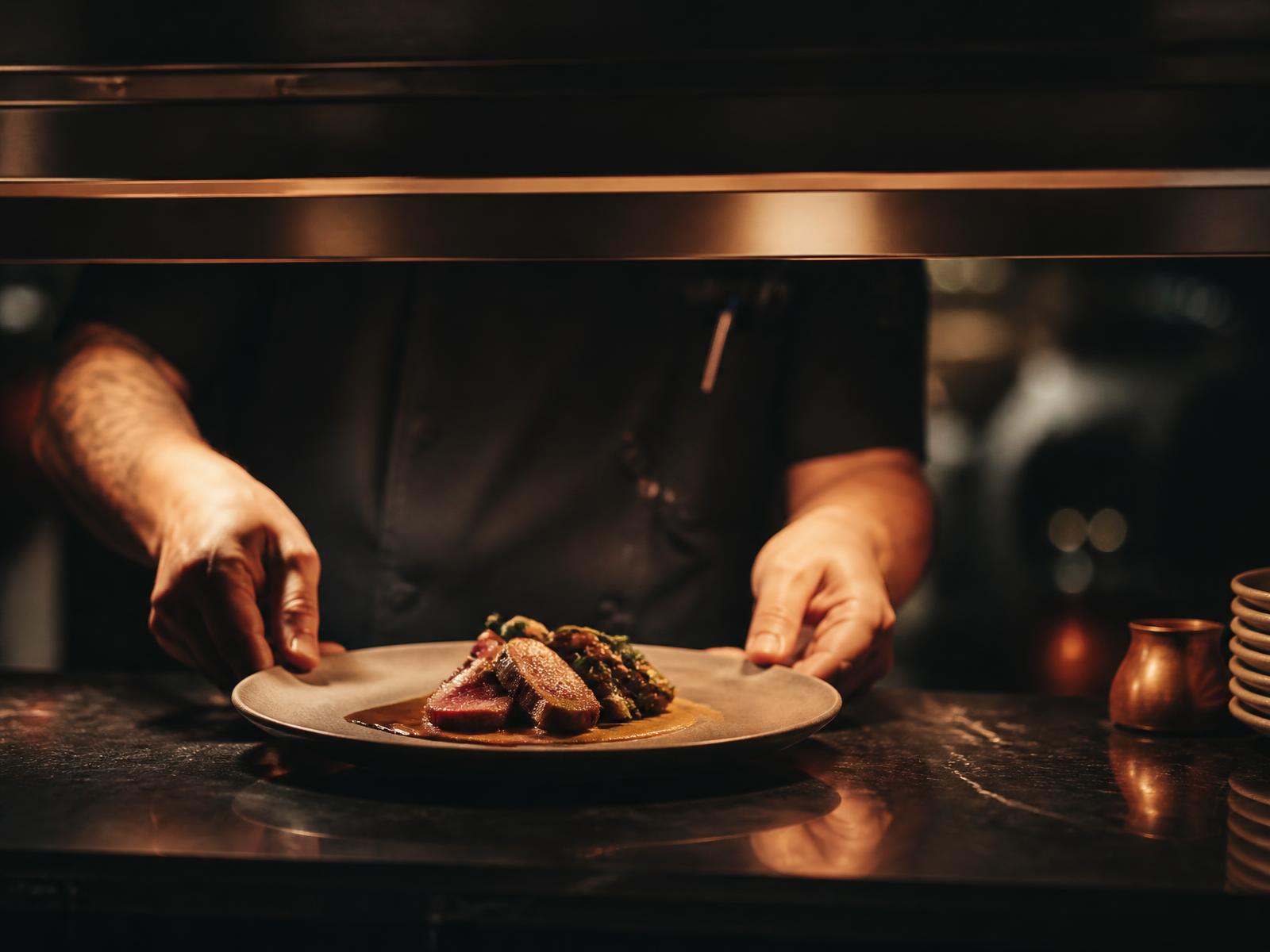 A dimly lit restaurant pass during service